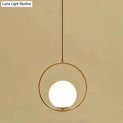 White Glass Pendant Light with Mid-Century Globe Design and Metal Ring