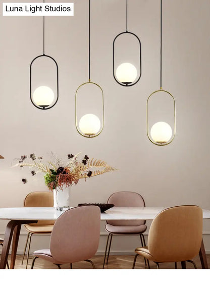 White Glass Pendant Light with Mid-Century Globe Design and Metal Ring