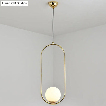 White Glass Pendant Light with Mid-Century Globe Design and Metal Ring