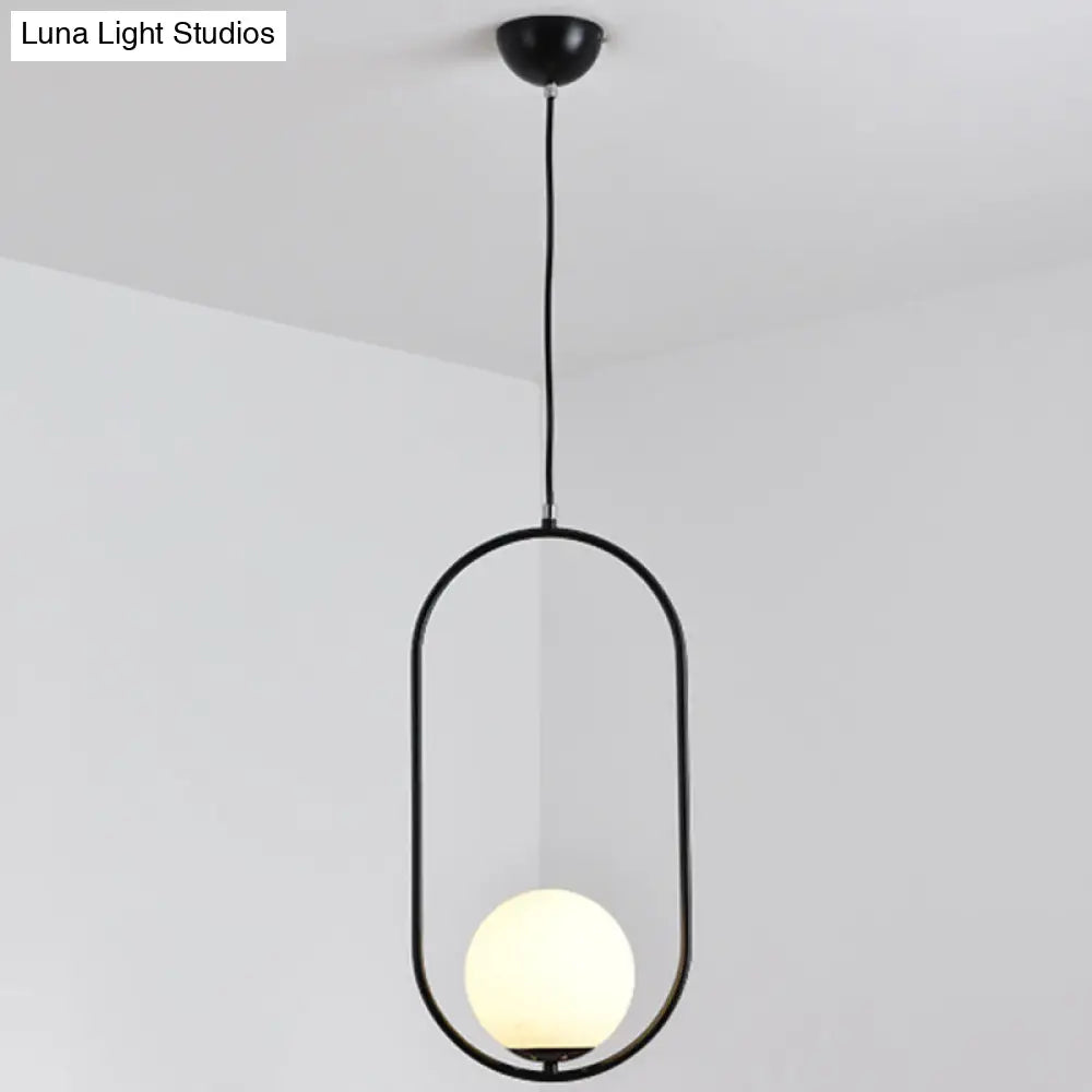 White Glass Pendant Light with Mid-Century Globe Design and Metal Ring