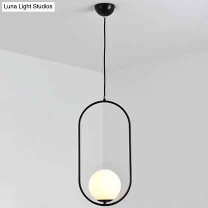 White Glass Pendant Light with Mid-Century Globe Design and Metal Ring