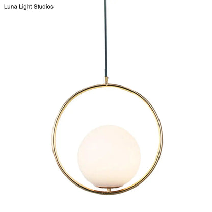 White Glass Pendant Light with Mid-Century Globe Design and Metal Ring