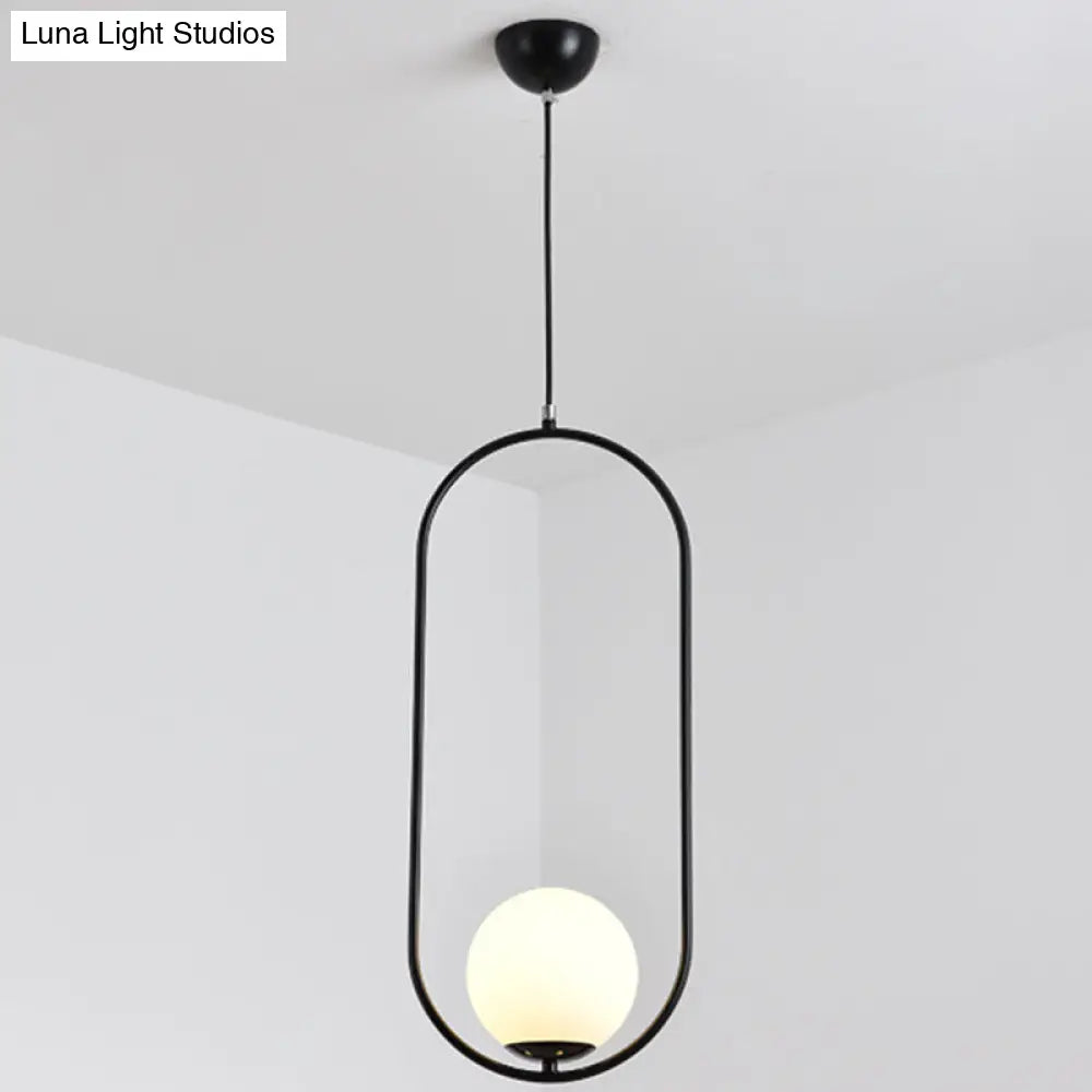 White Glass Pendant Light with Mid-Century Globe Design and Metal Ring