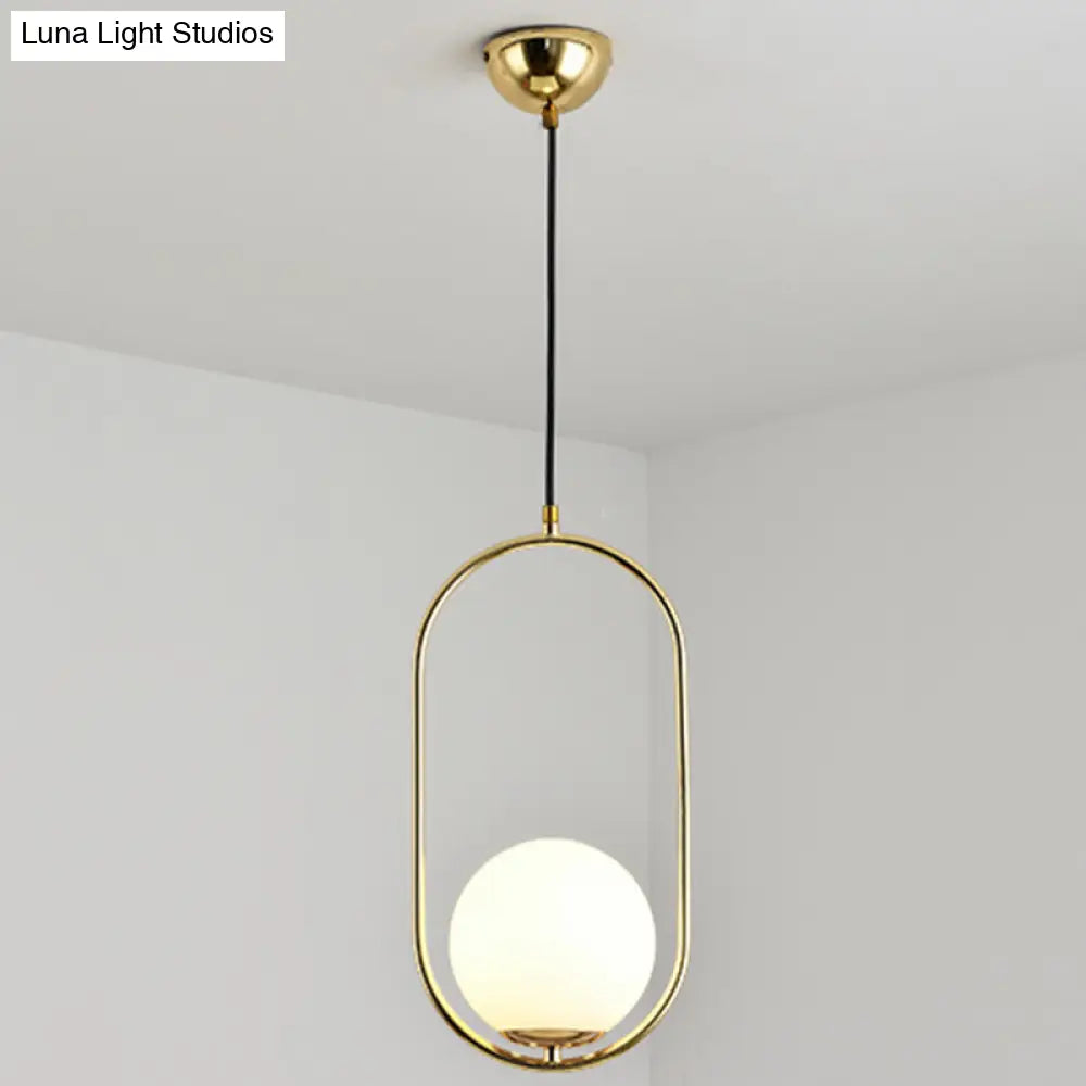 White Glass Pendant Light with Mid-Century Globe Design and Metal Ring