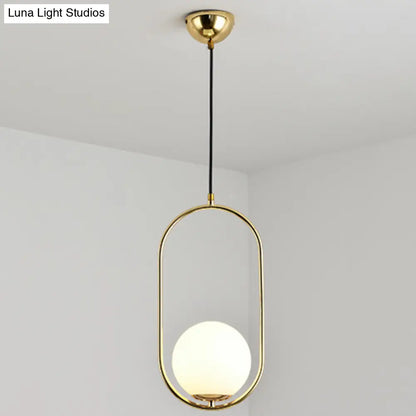 White Glass Pendant Light with Mid-Century Globe Design and Metal Ring