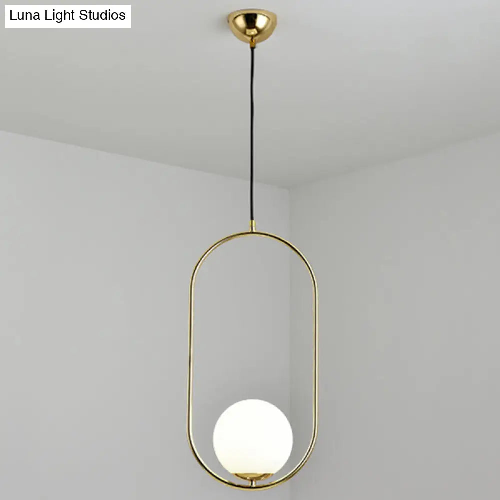 White Glass Pendant Light with Mid-Century Globe Design and Metal Ring