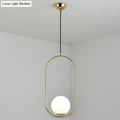 White Glass Pendant Light with Mid-Century Globe Design and Metal Ring