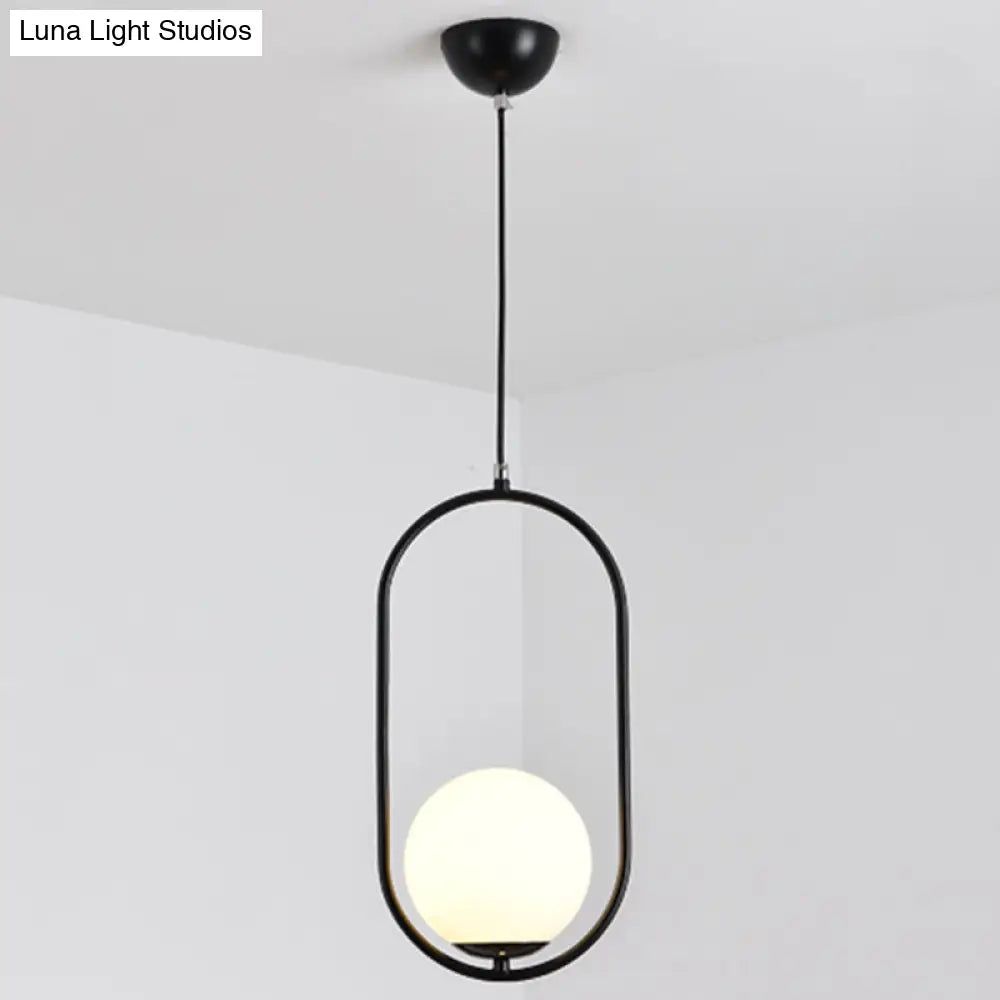 White Glass Pendant Light with Mid-Century Globe Design and Metal Ring