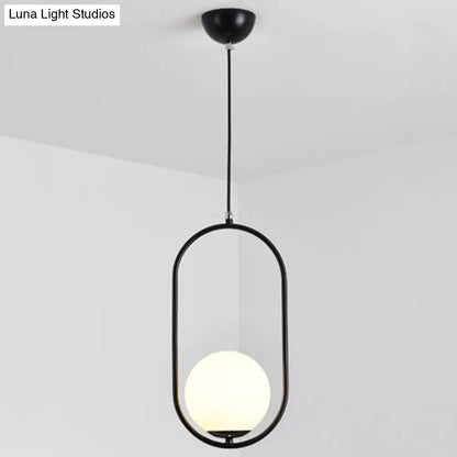 White Glass Pendant Light with Mid-Century Globe Design and Metal Ring