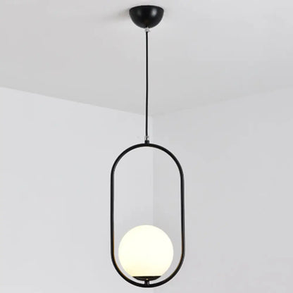 White Glass Pendant Light with Mid-Century Globe Design and Metal Ring