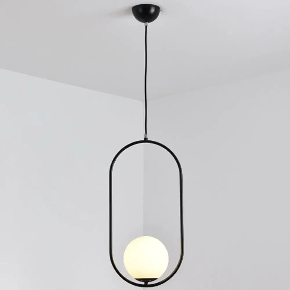 White Glass Pendant Light with Mid-Century Globe Design and Metal Ring