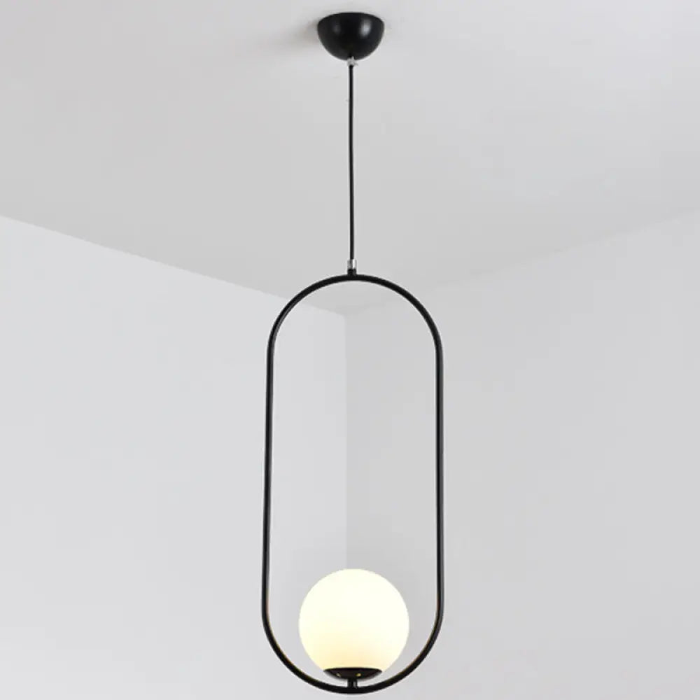 White Glass Pendant Light with Mid-Century Globe Design and Metal Ring