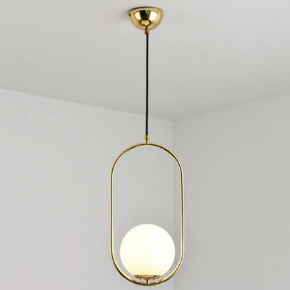 White Glass Pendant Light with Mid-Century Globe Design and Metal Ring