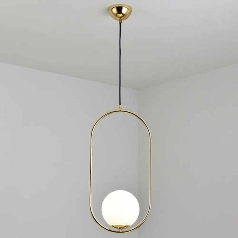 White Glass Pendant Light with Mid-Century Globe Design and Metal Ring