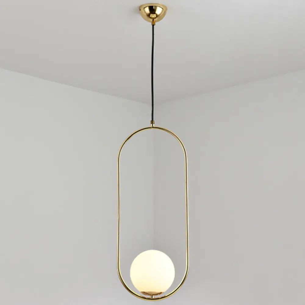 White Glass Pendant Light with Mid-Century Globe Design and Metal Ring