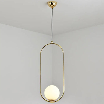 White Glass Pendant Light with Mid-Century Globe Design and Metal Ring