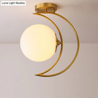 DecorBites™ DecorBites™ White Glass Semi Flush Ceiling Light with Nordic Style Gold Crescent Design