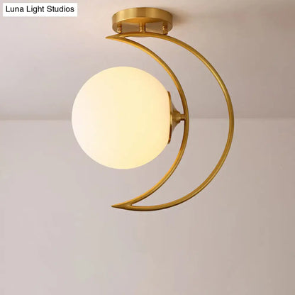 DecorBites™ DecorBites™ White Glass Semi Flush Ceiling Light with Nordic Style Gold Crescent Design