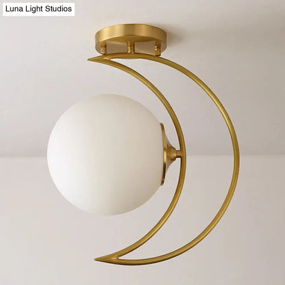 DecorBites™ DecorBites™ White Glass Semi Flush Ceiling Light with Nordic Style Gold Crescent Design