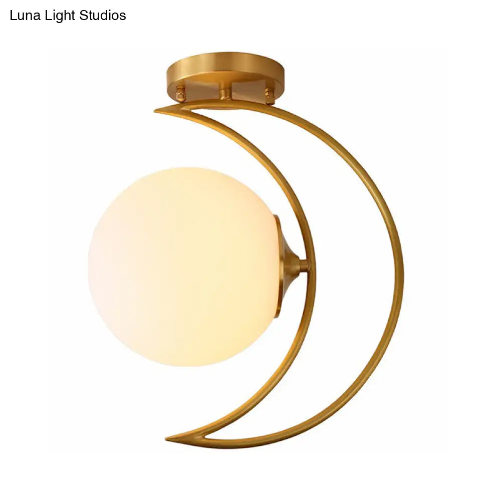 DecorBites™ DecorBites™ White Glass Semi Flush Ceiling Light with Nordic Style Gold Crescent Design