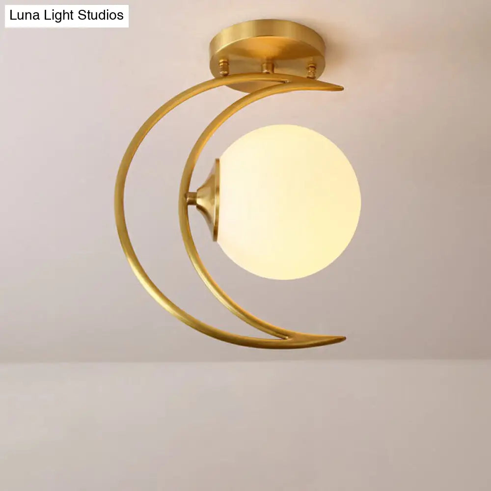DecorBites™ DecorBites™ White Glass Semi Flush Ceiling Light with Nordic Style Gold Crescent Design