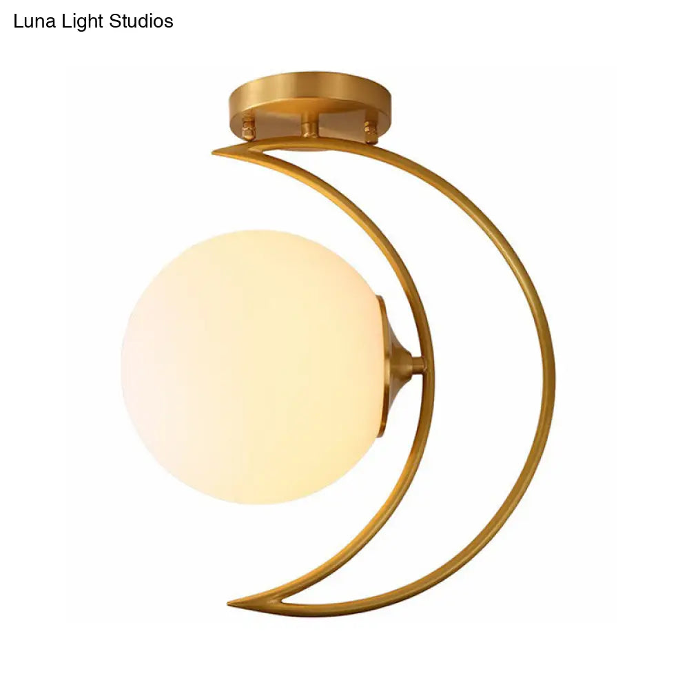 DecorBites™ DecorBites™ White Glass Semi Flush Ceiling Light with Nordic Style Gold Crescent Design