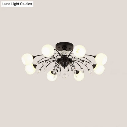 DecorBites™ DecorBites™ White Glass Semi Flush Chandelier with Crystal Accent - Modern Black Meteor Design Ceiling Light for Bedroom
