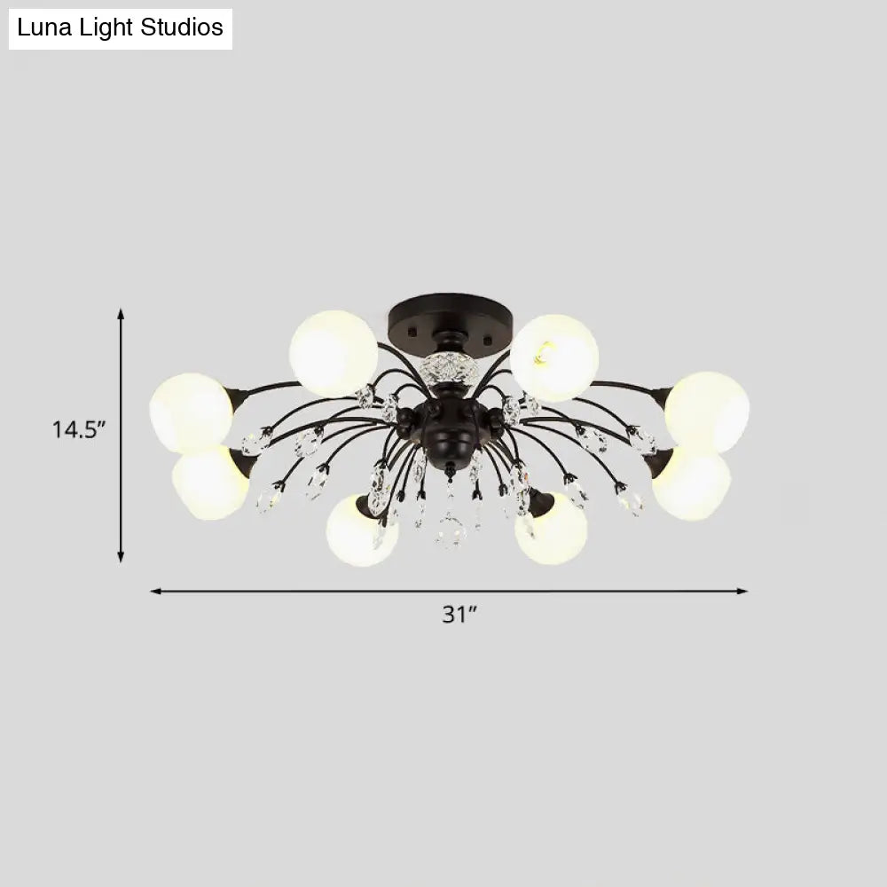 DecorBites™ DecorBites™ White Glass Semi Flush Chandelier with Crystal Accent - Modern Black Meteor Design Ceiling Light for Bedroom