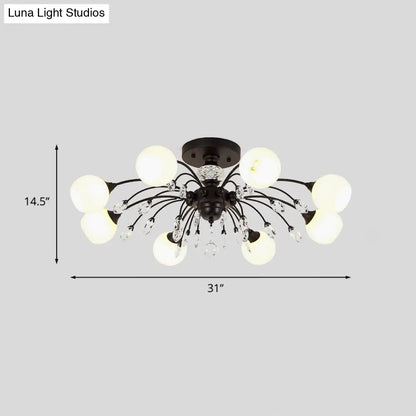 DecorBites™ DecorBites™ White Glass Semi Flush Chandelier with Crystal Accent - Modern Black Meteor Design Ceiling Light for Bedroom