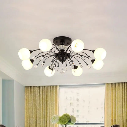 DecorBites™ DecorBites™ White Glass Semi Flush Chandelier with Crystal Accent - Modern Black Meteor Design Ceiling Light for Bedroom