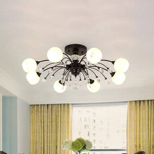 DecorBites™ DecorBites™ White Glass Semi Flush Chandelier with Crystal Accent - Modern Black Meteor Design Ceiling Light for Bedroom