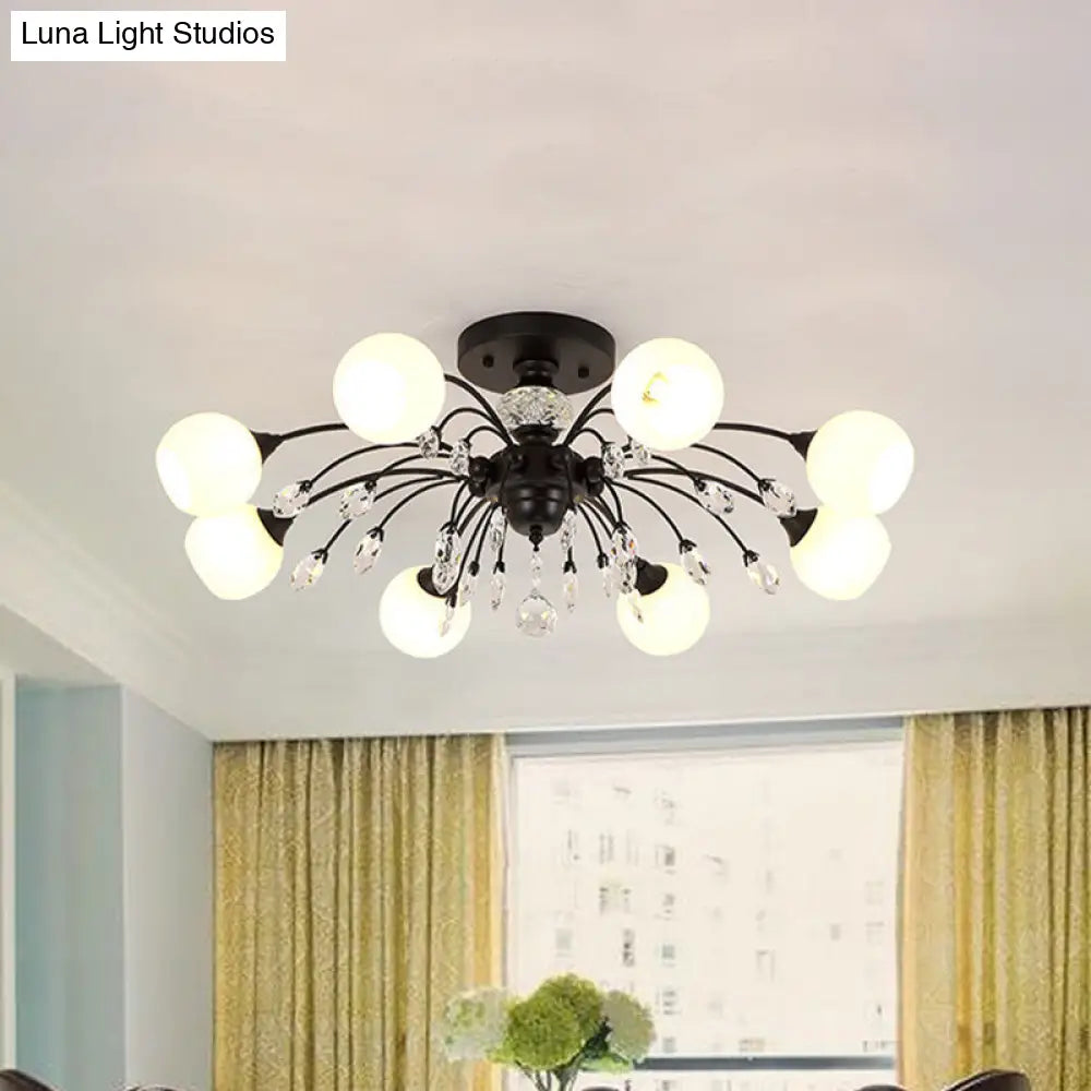 DecorBites™ DecorBites™ White Glass Semi Flush Chandelier with Crystal Accent - Modern Black Meteor Design Ceiling Light for Bedroom