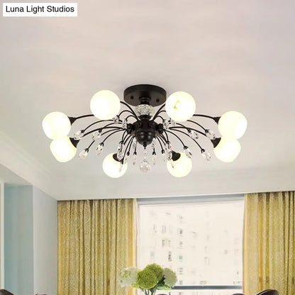 DecorBites™ DecorBites™ White Glass Semi Flush Chandelier with Crystal Accent - Modern Black Meteor Design Ceiling Light for Bedroom