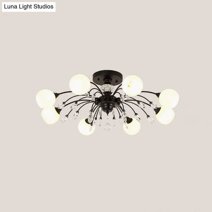 DecorBites™ DecorBites™ White Glass Semi Flush Chandelier with Crystal Accent - Modern Black Meteor Design Ceiling Light for Bedroom