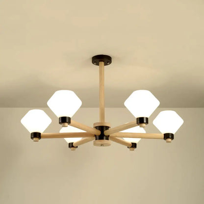 White Glass Urn Pendant Light - 6-Light Nordic Wood Hanging Lamp for Living Room