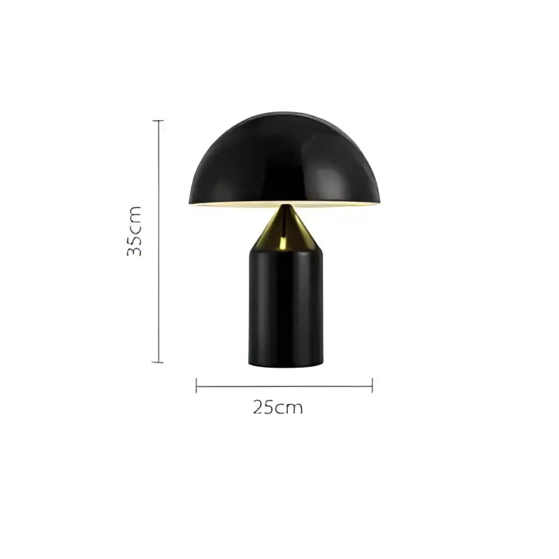 Black mushroom-shaped iron table lamp with glossy finish and gold-toned base for bedroom decor by decorbites iron