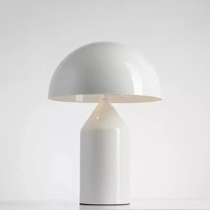 White glossy mushroom iron table lamp with minimalist design for bedroom decor by decorbites iron table