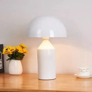 White glossy mushroom iron table lamp with cylindrical base for bedroom decor by decorbites iron table