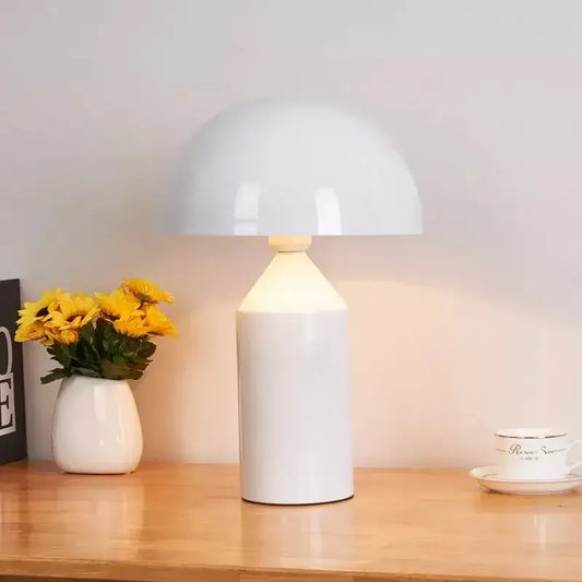 White glossy mushroom iron table lamp with cylindrical base for bedroom decor by decorbites iron table