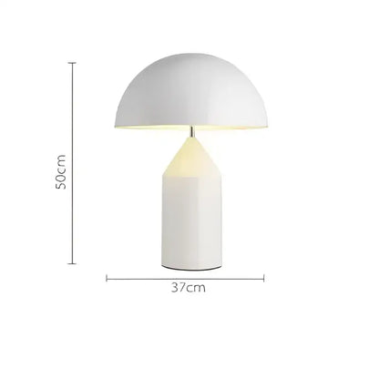 White glossy mushroom iron table lamp with smooth ceramic finish and modern design for bedroom decor by decorbites iron table