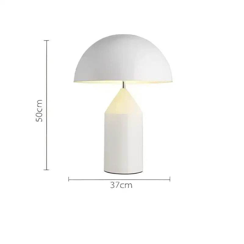 White glossy mushroom iron table lamp with smooth ceramic finish and modern design for bedroom decor by decorbites iron table