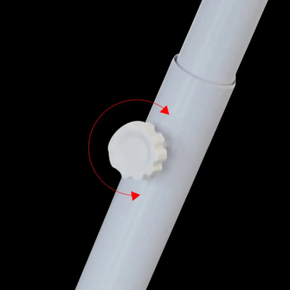 White plastic adjustable clamp with gear knob for securing pipes on butterfly chandelier stand base in dining room