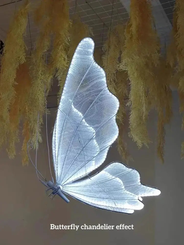 White glossy tulip butterfly chandelier stand with a translucent white butterfly chandelier featuring metallic gray body