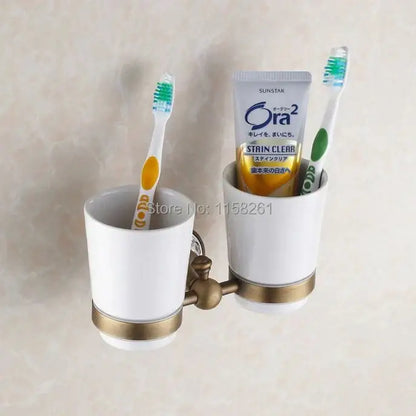 White ceramic toothbrush holder with gold brass accents and dual cups from decorbites brass toothbrush holder collection
