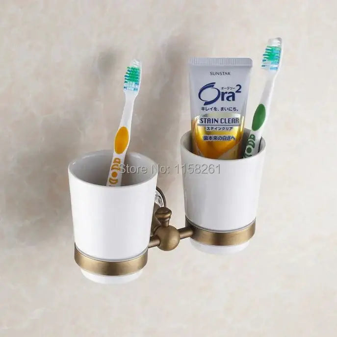 White ceramic toothbrush holder with gold brass accents and dual cups from decorbites brass toothbrush holder collection