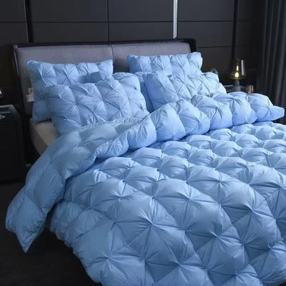 Light blue quilted white goose down comforter set with diamond stitch pattern for warm winter double duvet use