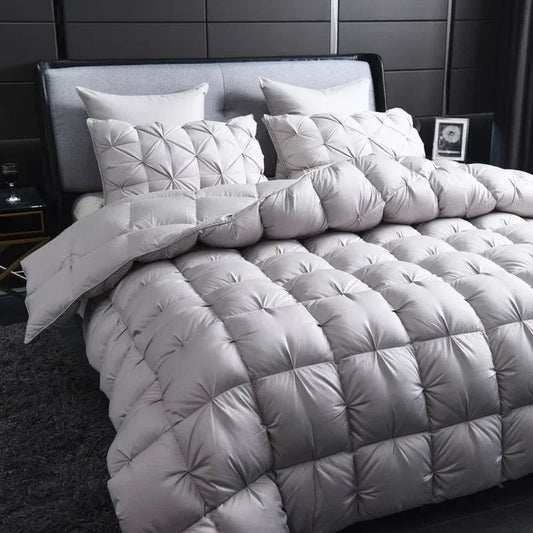 Luxury silver-gray quilted white goose down comforter with diamond stitching for warm winter double duvet use