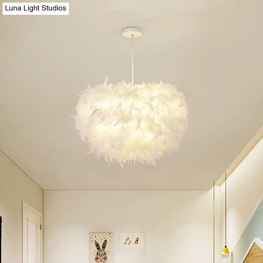 White Goose Feather Dome Ceiling Light Fixture - Elegant Pendant for Bedroom