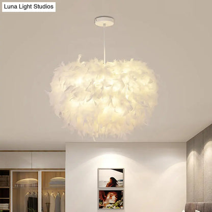 White Goose Feather Dome Ceiling Light Fixture - Elegant Pendant for Bedroom