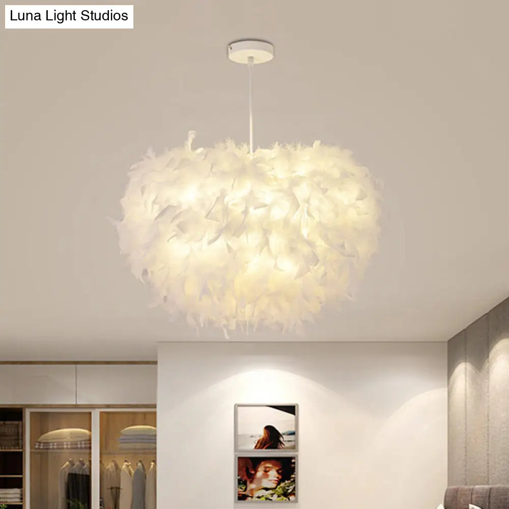 White Goose Feather Dome Ceiling Light Fixture - Elegant Pendant for Bedroom